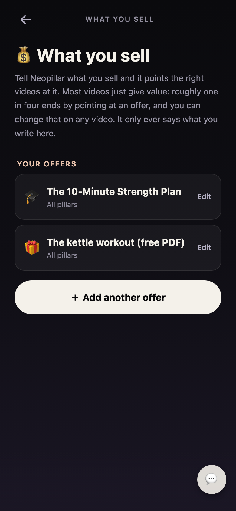 The 'What you sell' screen listing The 10-Minute Strength Plan (a course) and The kettle workout (a free PDF).